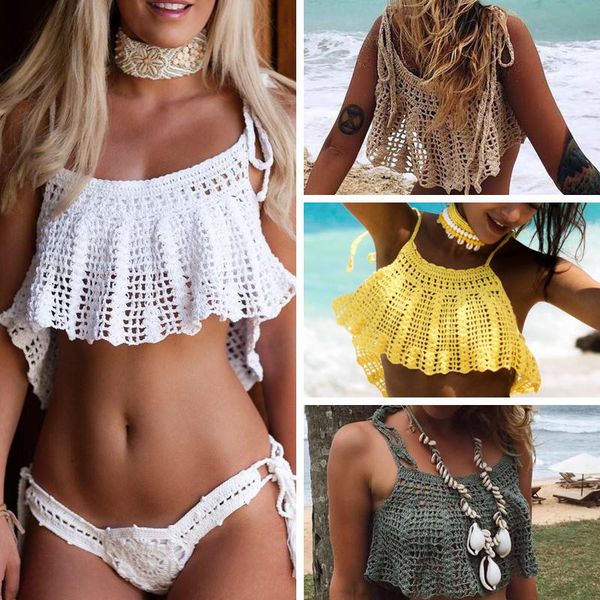

t-shirt h80&s90 new 2019 women hand crochet crop tank ladies' strap solid camisole female knitted beach loose bikini cover up, White