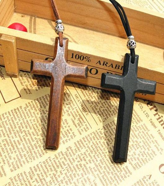 

discount wooden cross pendant necklace vintage beads leather cord sweater chain men women jewelry handmade stylish 15pcs1343299, Silver