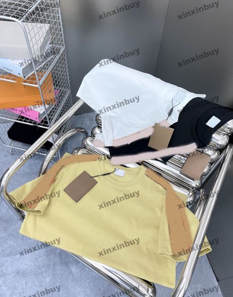 

xinxinbuy men designer tee t shirt 23ss plaid ribbon shoulder letter jacquard fabric short sleeve cotton women white black s-xl, Black;brown