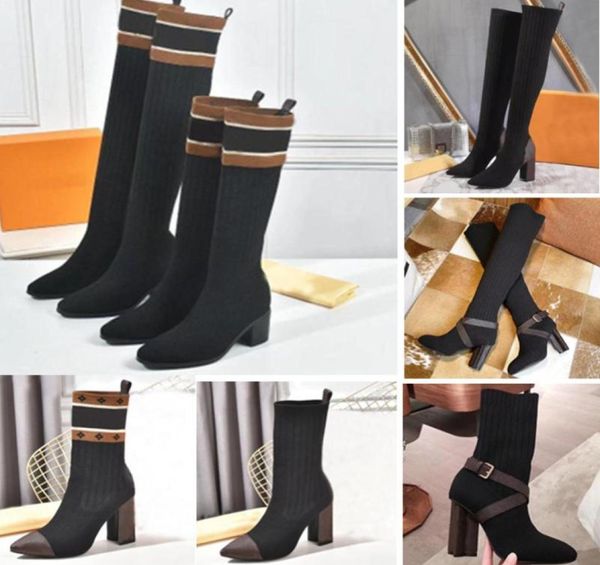 

womens elastic knitted socks boots platform pointed over knee 2021 autumn winter new anti slip classic mi2080844, Black