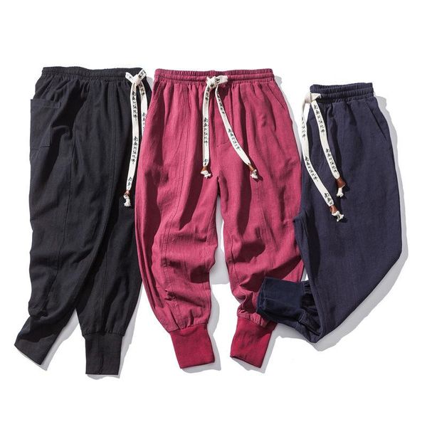 

pants cotton elastic plus size chinese style men's casual pants solid elastic streetwear joggers fashion young men's feet harem pa, Black