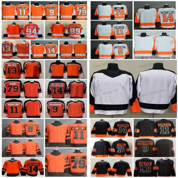 

reverse retro hockey jerseys 11 travis konecny 9 ivan provorov 13 kevin hayes 14 sean couturier 79 carter hart 89 cam atkinson 94 ryan ellis, Black;red