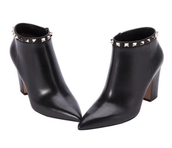 

fashion brand high heel boots for womens wool cow leather rivet ankle booties 85mm chunky heel ladies casual shoes pointed toes sz7779624, Black