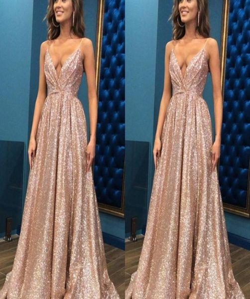 

rose gold deep v neck 2022 bridesmaid dresses sequins fabric with spaghetti straps ruched long wedding party formal gowns6657838, White;pink