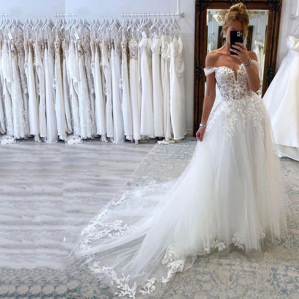 

classic off the shoulder summer bridal dresses lace appliques a line wedding gown sweep train boho beach bride gowns, White