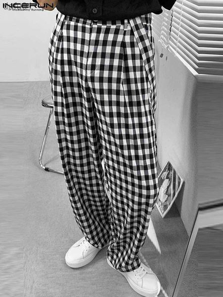 

men's pants incerun fashion men plaid pants joggers button streetwear loose casual suspender jumpsuits 2023 korean casual men trousers, Black