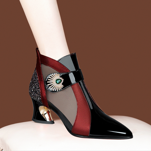 

2023 summer mesh breathable sandals with rhinestone decoration shaped heels retro british style sandals leather boots women, Black
