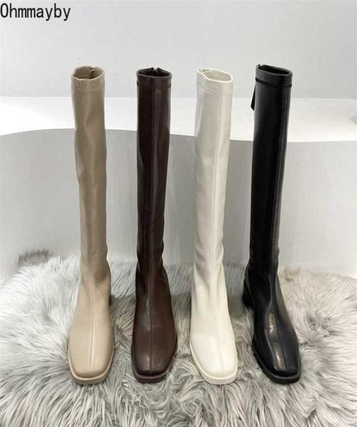 

women kneehigh leather boots with wide calf zipper fashion square toe blakc female long winter women039s shoes 2201114961203, Black