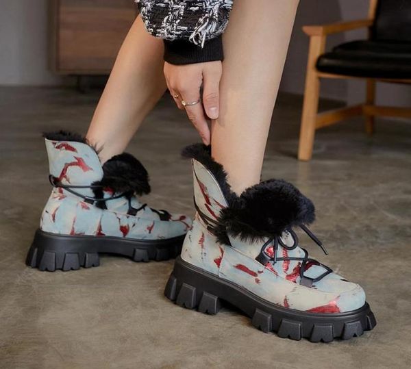 

boots russian winter women ankle leather cowhide upperlamb hair lining camouflage print warm womens platform heels1583089, Black