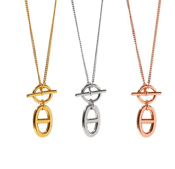 

stainless steel h necklace ot buckle design pig nose pendant clavicle for women lover fashion genuine jewelry rose goldsilvergol6289966, Silver