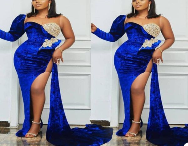 

plus size one shoulder velvet evening dresses thigh high slit african mermaid prom gowns long sleeve women red carpet celebrity dr7411224, Black;red