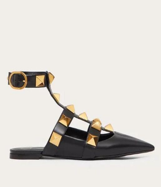 

genuine leather slingbacks rivets pointed toes women derss shoes summer flat heels9583707, Black