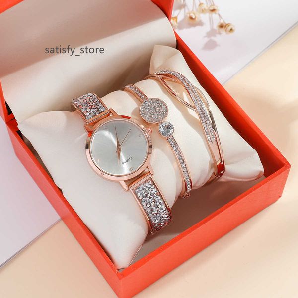 

3pcs/set new women's watch combination rose gold niche diamond versatile watch+personalized minimalist bracelet, Slivery;golden