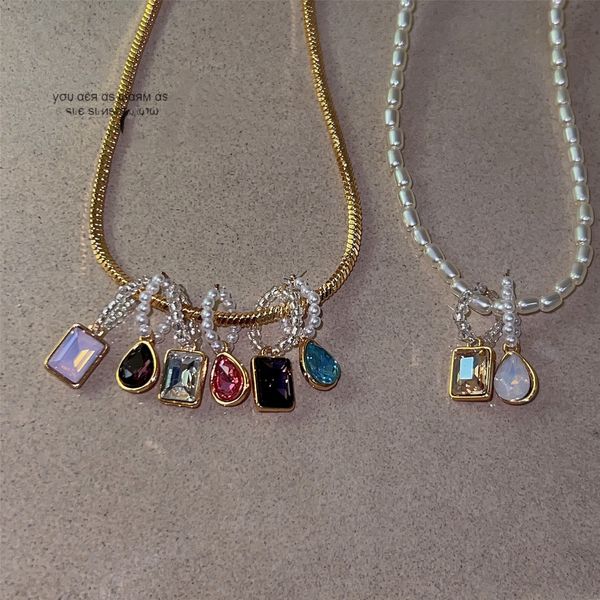 

ins style vintage sweet simple fresh style pendant necklaces snack chain pearls chain square teardrop rhinestone diy pendant necklaces, Silver
