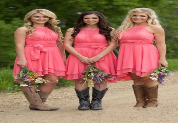 

2022 coral country bridesmaid dresses jewel neck chiffon knee length wedding guest wear party dresses maid of honor gowns plus siz5729033, White;pink