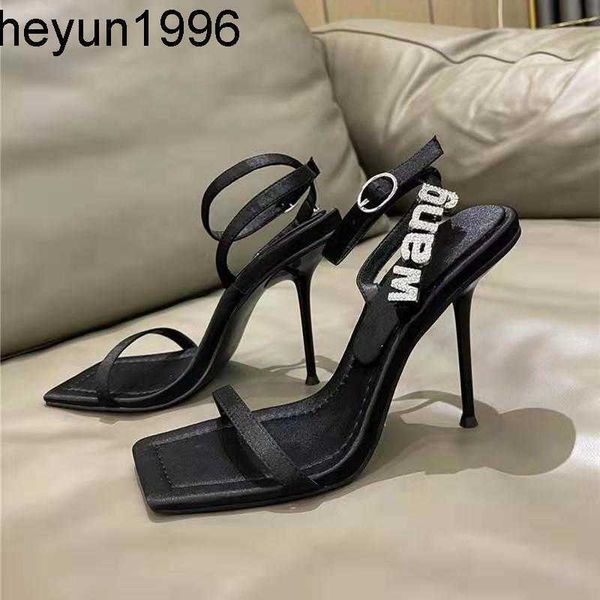 

2023 summer new classic one line sandals women's thin open toe design feel rhinestone letter high heels, Black
