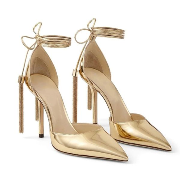 

designer gold women pumps high heels for women 2023 gladiator sandals ankle strap pointed toe dress shoes ladies tassel stiletto, Black