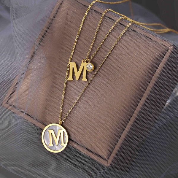

chains 316l stainless steel round shell m letter pendant double layer charm chain choker necklace for women fashion fine jewelry san749, Silver