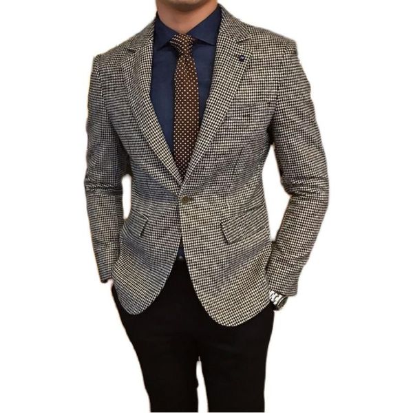 

blazers men's suit jacket coffee houndstooth wool tweed retro business tailored collar casual blazer for wedding groomsmen costumes 202, White;black