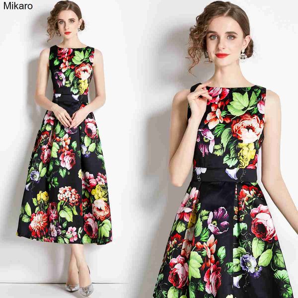 

mikaro floral party vest dresses summer women designer sleeveless round neck cocktail prom dress resort ladies high waist slim a-line frocks, Black;gray