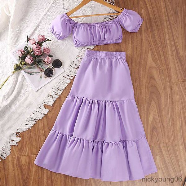

clothing sets kids girls casual outfits summer 2023 new shoulder short sleeve and long skirt children, White