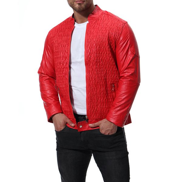 

Casual plus size men polyester stand collar zipper red leather biker jacket, Black