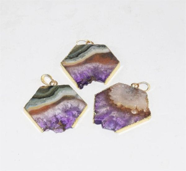 

fashion jewelry natural slice purple crystal quartz necklace pendant male raw slab geode druzy amethysts stone pendant women 201012192665, Silver