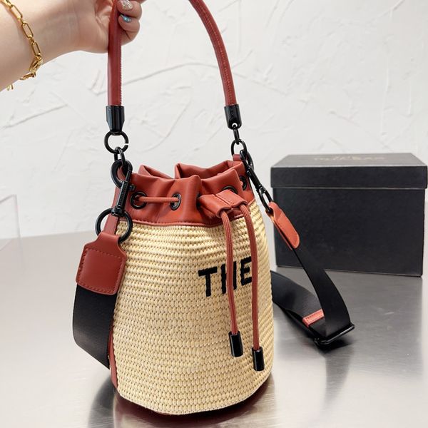 

bucket straw bag handbags fashion shoulder bags cowhide crossbody purse leather woven travel tote bag drawstring binding big letter cell pho