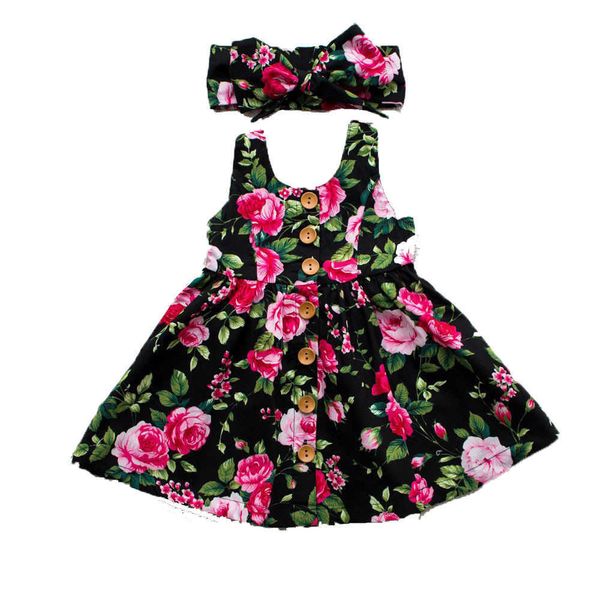 

girl's dresses 2021 toddler infant kids baby girls summer floral dress princess party sleeveless dresses headband 2pcs 0-4y ropa de nia, Red;yellow