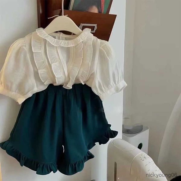 

clothing sets retro summer girls children set sleeveless white t-shirtandgreen shorts baby clothes kids outfit