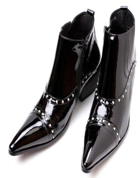 

italy type 65cm high heel men leather boots ankle pointed metal tip toe man boots short ankle motorcycle botas hombre big sizes 5836933, Black