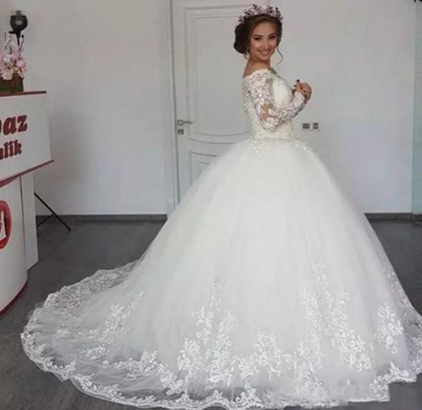 

custom long sleeves lace ball gown wedding dresses 2021 with appliques off the shoulder sweep train bridal gowns1028709, White