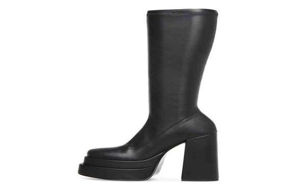 

boots women platform goth shoes chunky heels high knee microfiber black stretch long botas femininas new 2209032662126