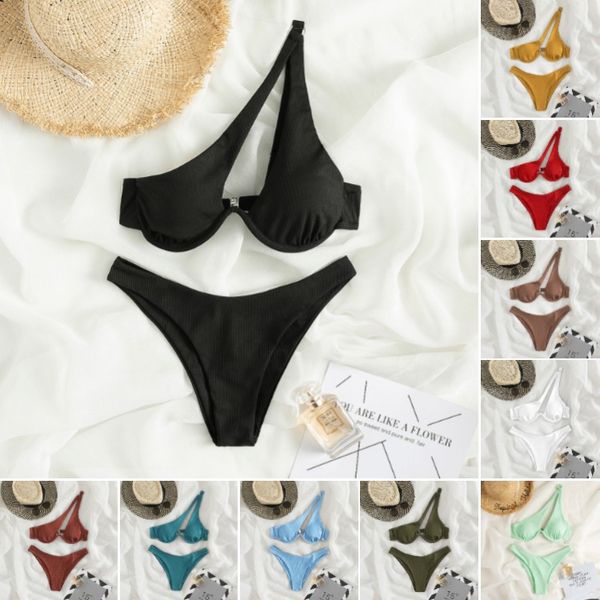 

solid color bikini sets one shoulder beachwear low waist beach equipment for women swimming suit brazilian padded swimwear lady water sports