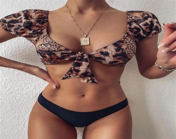 

print ruffle swimsuit female bandeau bikini 2020 short sleeve swimwear women tie side bathing suit high cut biquini29283454004