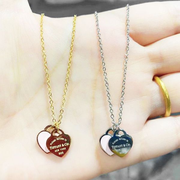 

2023 new titanium steel enamel pink double heart necklace choker short women's collars 18k gold necklace cute whimsical dainty boho chi, Silver