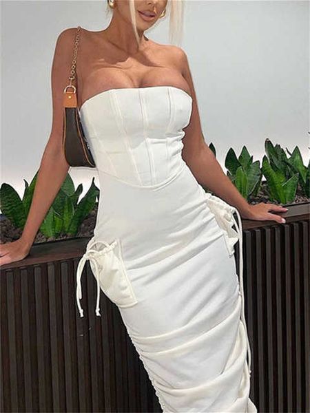

strapless midi dress for women summer 2023 new fashion drawstring shirring backless slim dresses pocket solid dress, Black;gray