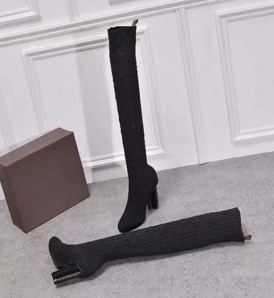 

spring autumn knitted elastic boots thick heels woman shoes high heel boots fashion socks long boots lady high heels size 359491634, Black