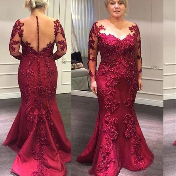 

2023 mother of the bride dresses dark red mermaid jewel neck illusion long sleeves lace appliques crystal beads party evening wedding guest, Black;red
