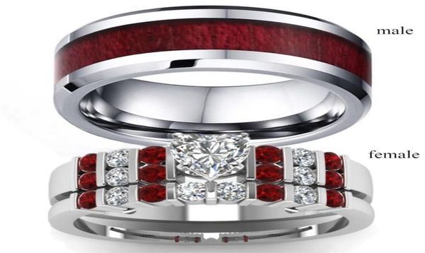 

couple rings his and hers heart cut zircon garnet 925 silver diamond womens wedding ring wood inlay stainless steel mens ring1961111