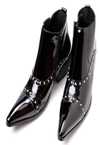 

italy type 65cm high heel men leather boots ankle pointed metal tip toe man boots short ankle motorcycle botas hombre big sizes 3231968, Black