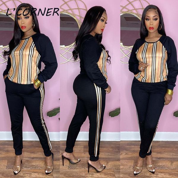 

pants classic stripe patchwork two piece set outfits for women tracksuits long sleeve sweater fall casual sweatpants matching set, White