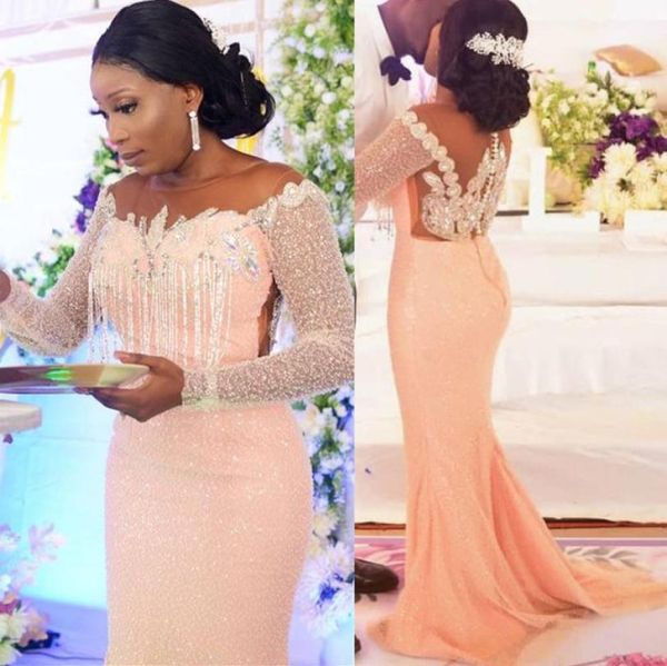 

2021 plus size arabic aso ebi mermaid sequined sparkly prom dresses beaded crystals sheer neck evening formal party second recepti8825199, Black