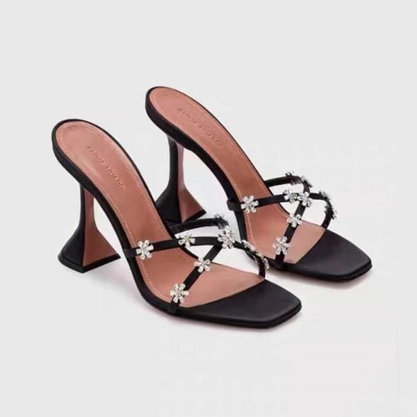 

elegant amina muaddi sandals mules shoes women heels dress shoe women 's real silk crystal embellished strap slippers rhinestone spool, Black