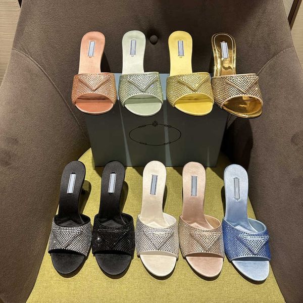 

patent triangle logo sandal slippers gauze rhinestone crystal embellished high heels ladies wedding dress shoes .5cm designer pumps stilett, Black