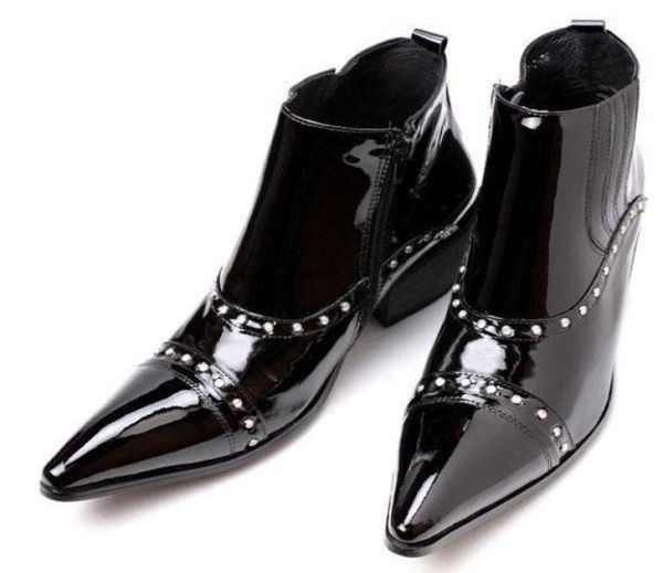 

italy type 65cm high heel men leather boots ankle pointed metal tip toe man boots short ankle motorcycle botas hombre big sizes 8754721, Black