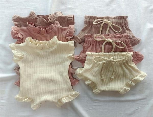 

2pcs infant girl clothes set waffle cotton ruffle born vest romper bloomer shorts suit baby summer outfits clothing 2206024355667, White