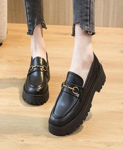 

dress shoes 2021 spring metal buckle autumn retro women genuel leather girls daily casual loafers thick bottom foot round head1837344, Black