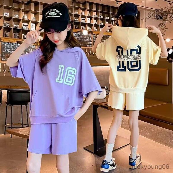 

clothing sets girls clothes set summer 2023 teenage children tracksuit casual hooded shorts sleeve pieces kids outfits, White