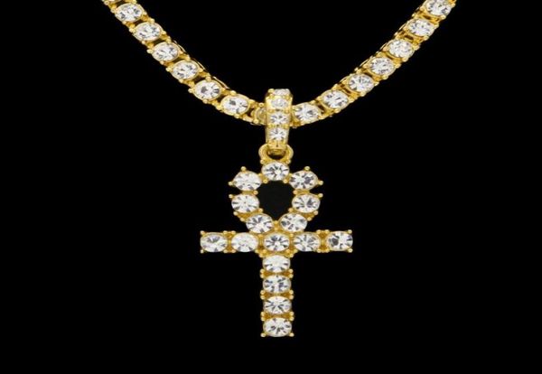 

egyptian ankh key of life necklaces mens iced out bling crystal cross pendant gold silver tennis chain for women rapper hip hop je6139861